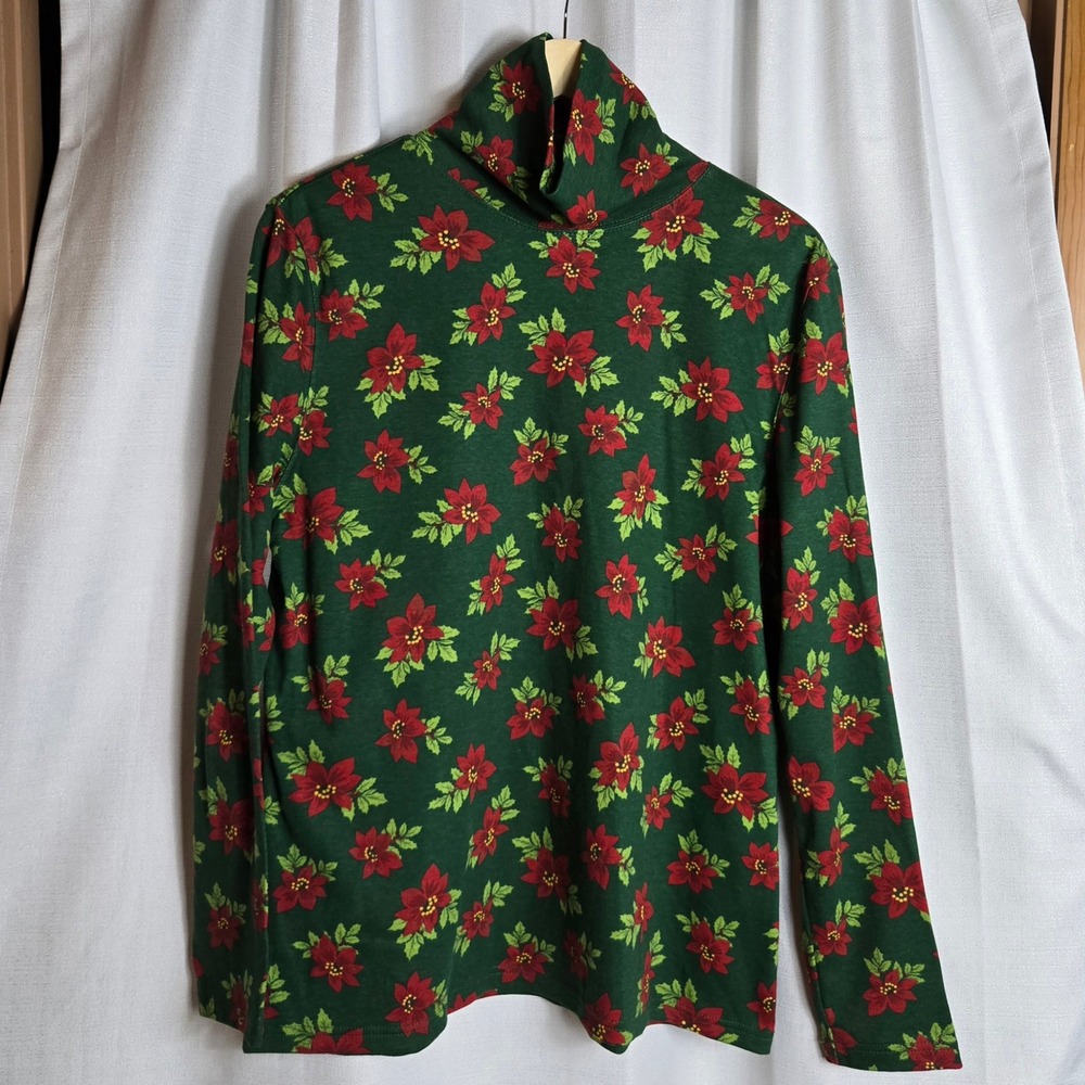Holiday Editions Womens XL Green Poinsettia Flower Long Sleeve‎ Turtleneck Top